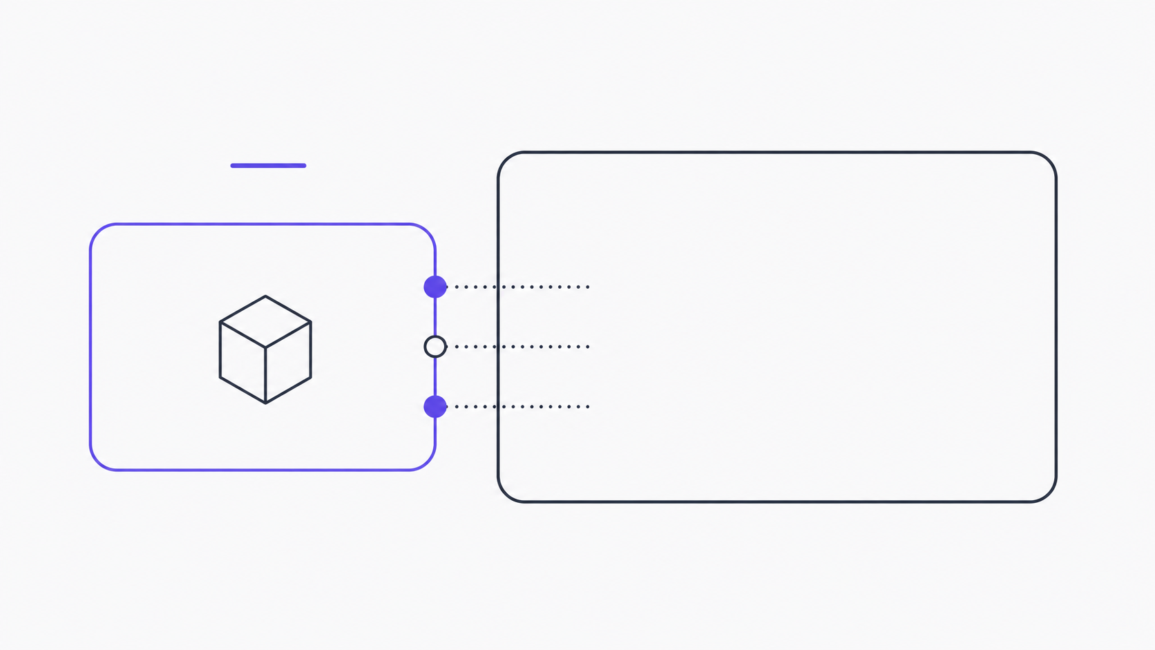 An isolated violet sandbox containing a small cube, connected by a dotted line to a larger slate-ink host system, with three permission markers along the boundary.